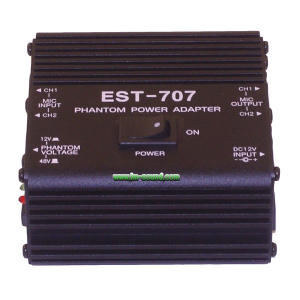 EST-707  펜텀파워(전원 공급기)/믹서에서 콘덴서 마이크 전원을 공급할 수 없을 때 사용하는 팬텀전원으로서 2개의 콘덴서 마이크를 연결하여 사용합니다.